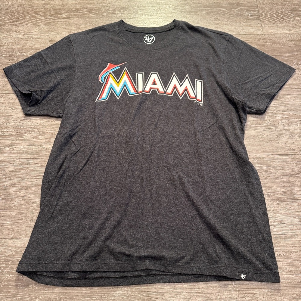 Miami Marlins Shirt Men Large Gray Graphic Print Tee Casual Spellout Adult '47‎